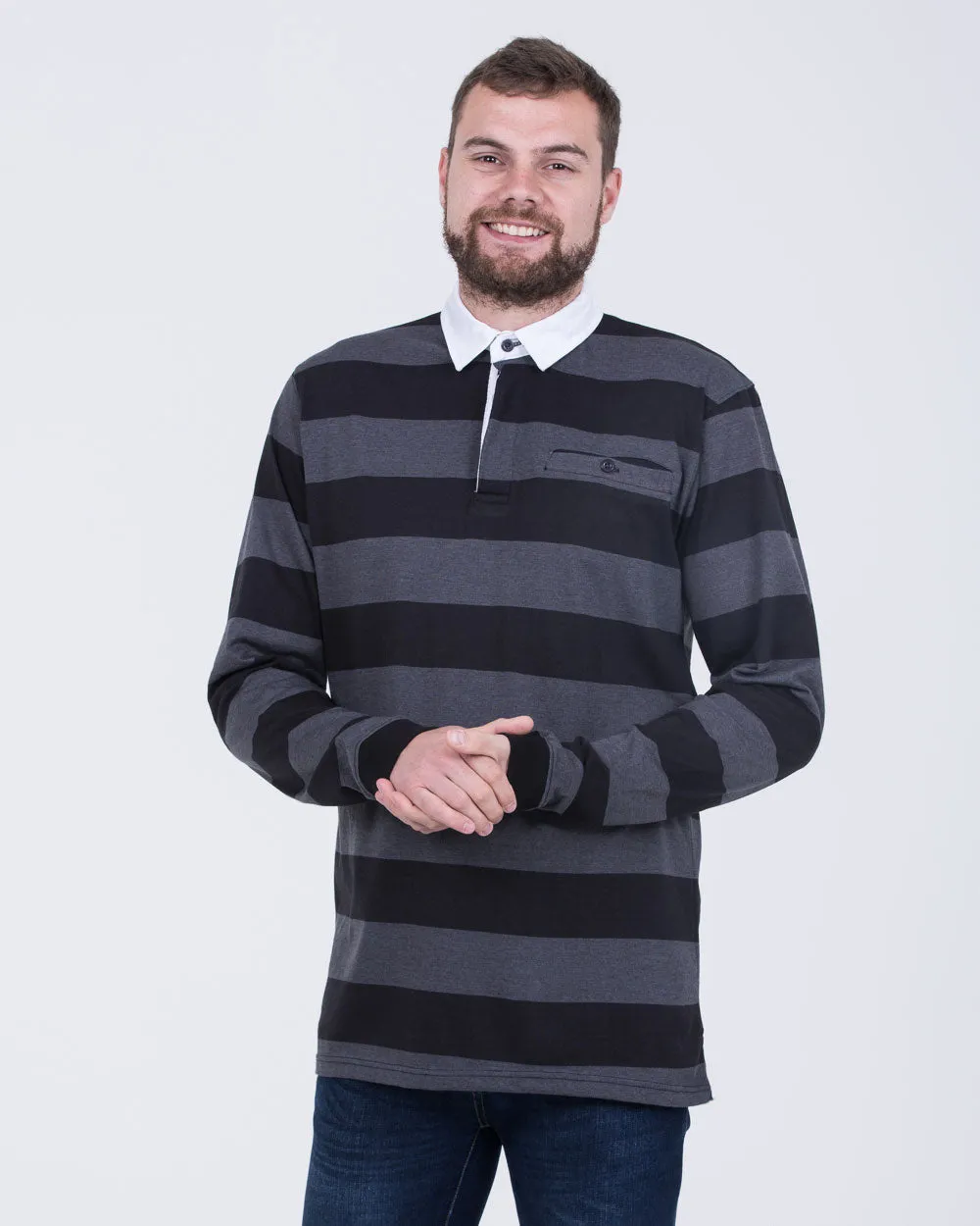 2t Regular Fit Tall Long Sleeve Rugby Polo Shirt (black stripe)