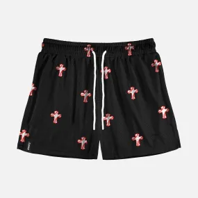 Baseball Cross Pattern Black Shorts - 5"