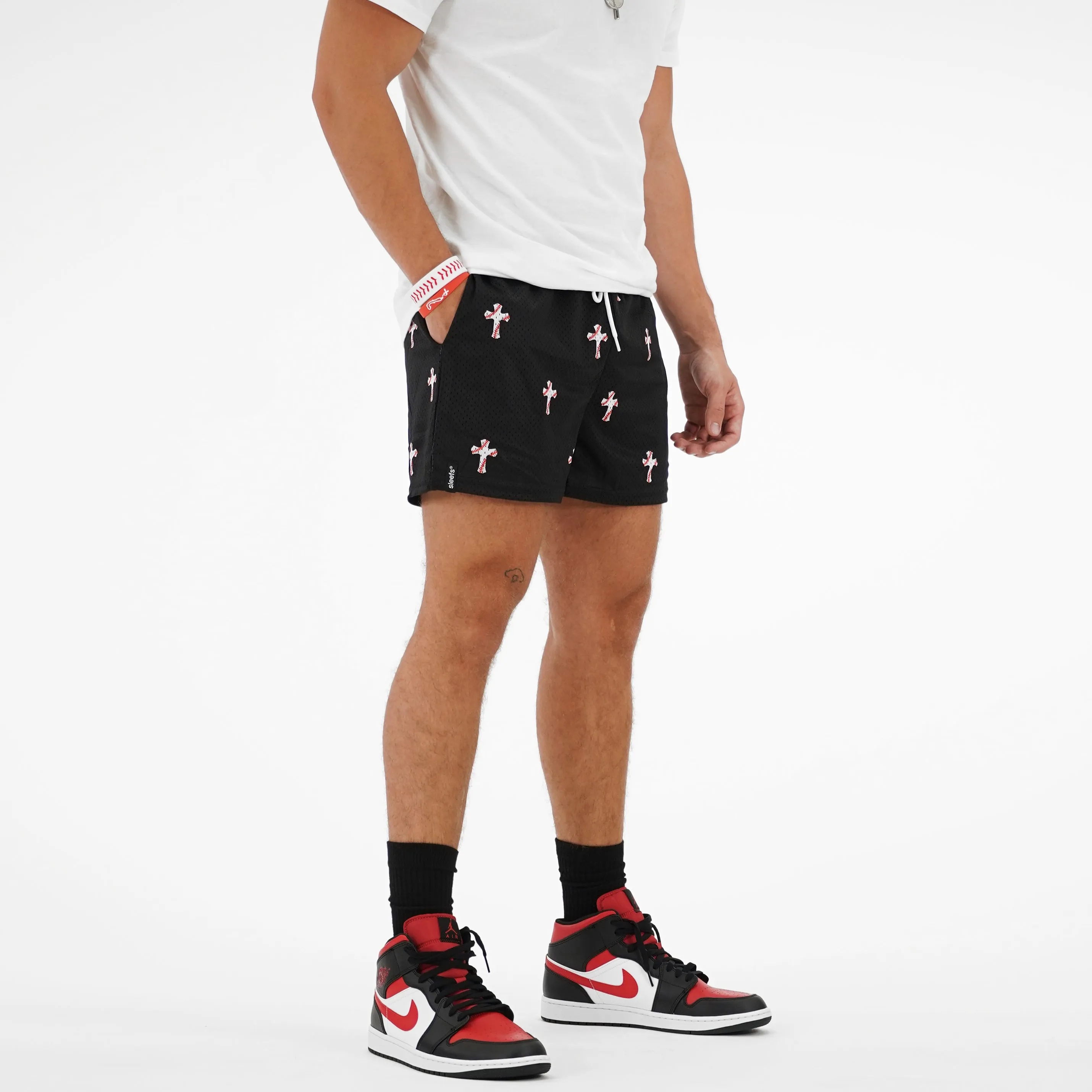 Baseball Cross Pattern Black Shorts - 5"