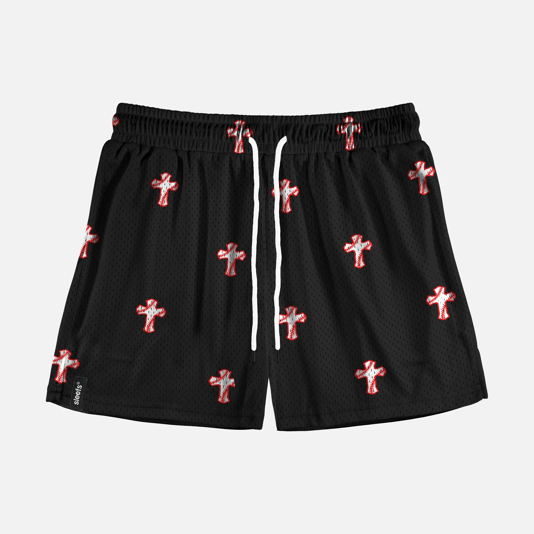 Baseball Cross Pattern Black Shorts - 5"