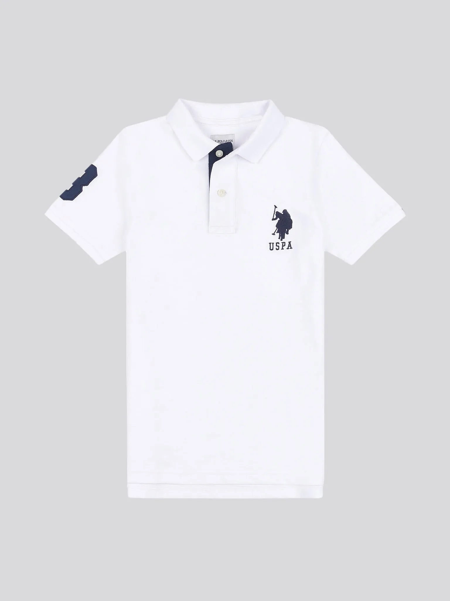 Boys Player 3 Polo Shirt in White / Dark Sapphire Navy DHM