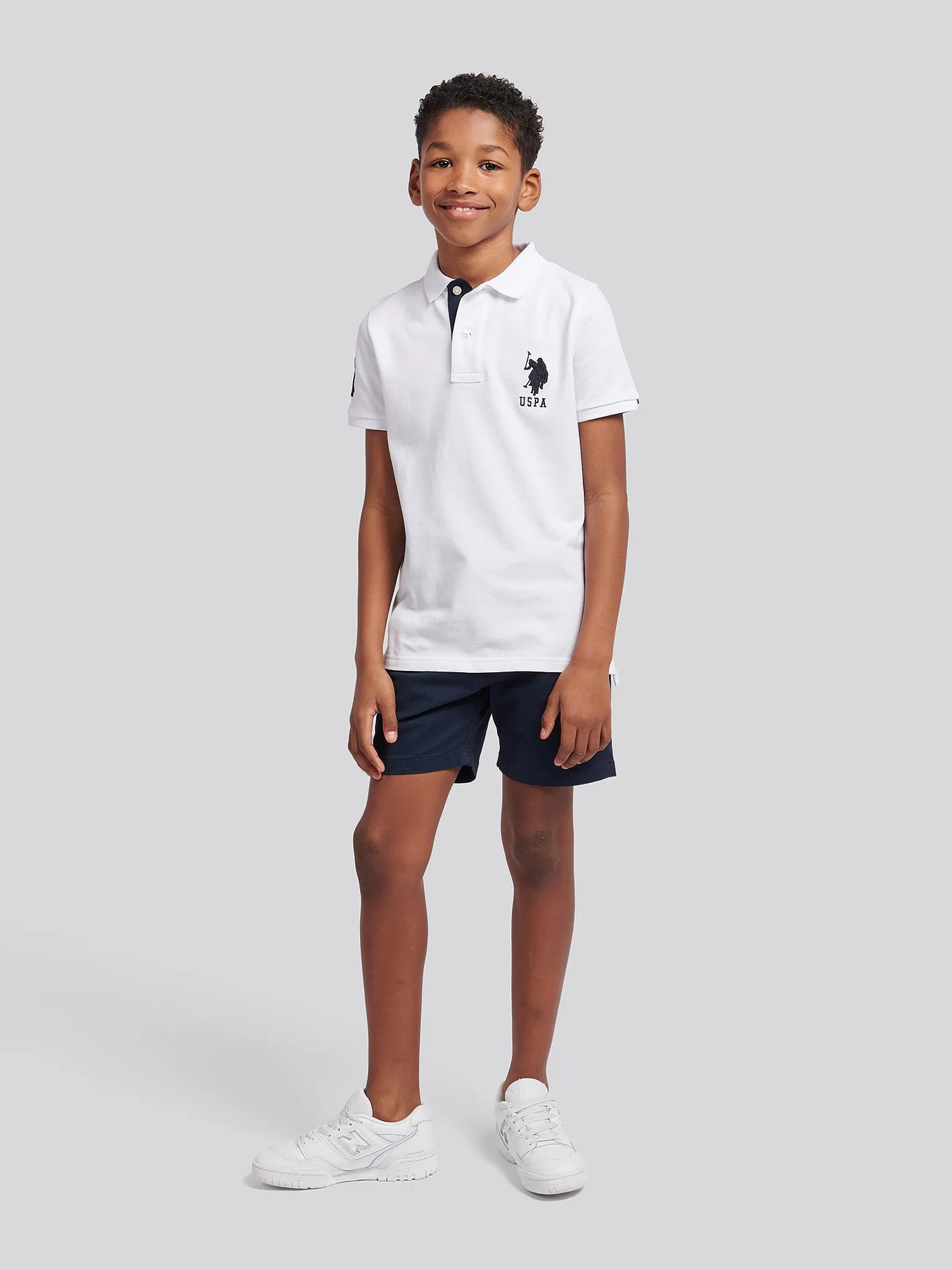 Boys Player 3 Polo Shirt in White / Dark Sapphire Navy DHM
