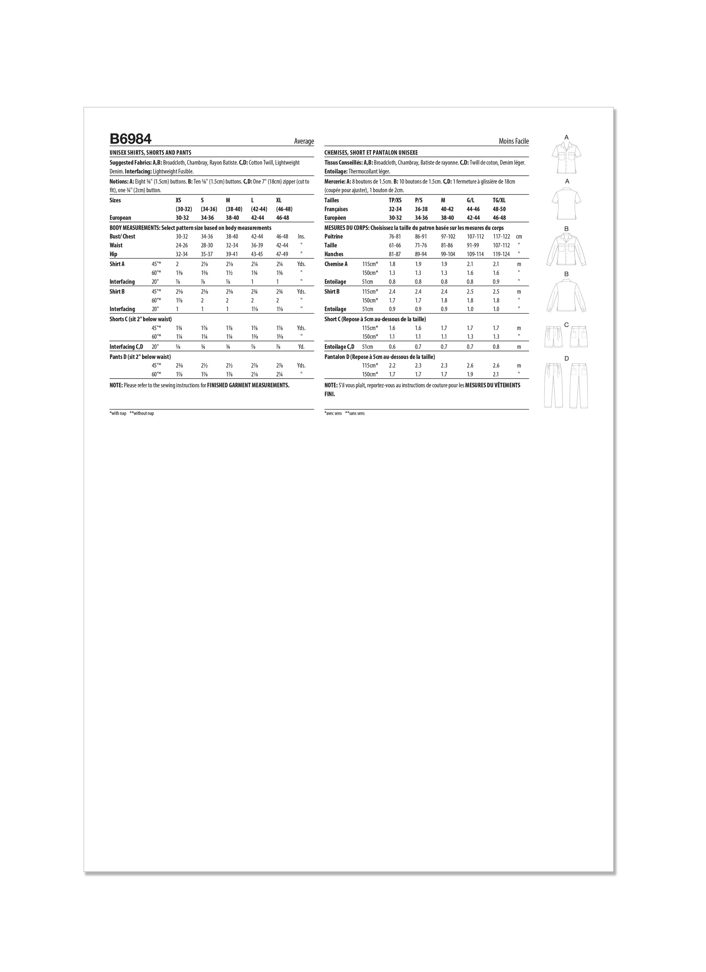 Butterick sewing pattern B6984 Unisex  Shirts, Shorts and Pants