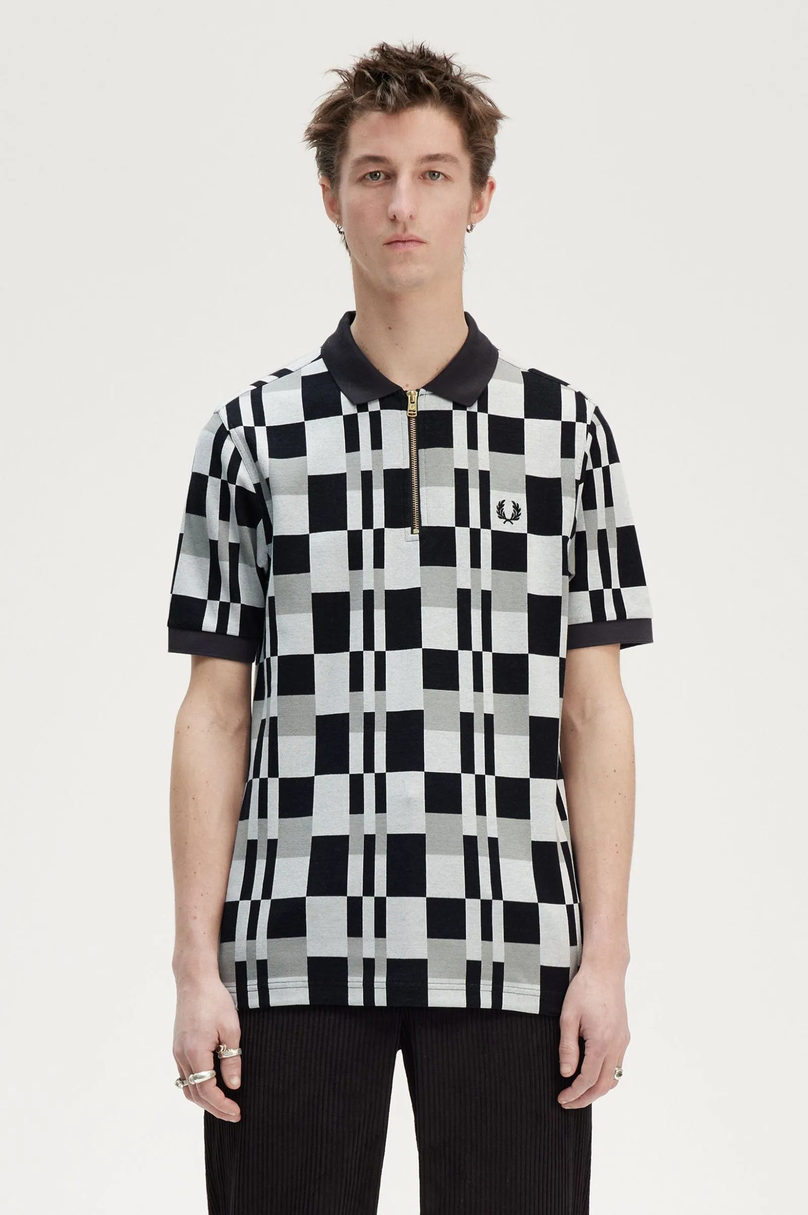 CHEQUERBOARD ZIP NECK POLO SHT