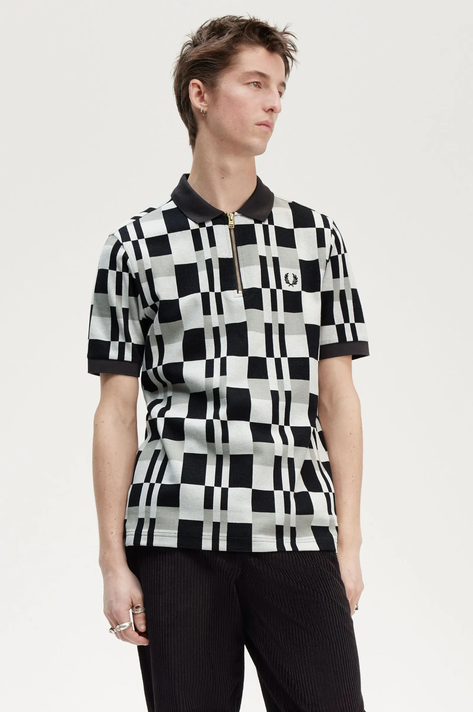 CHEQUERBOARD ZIP NECK POLO SHT