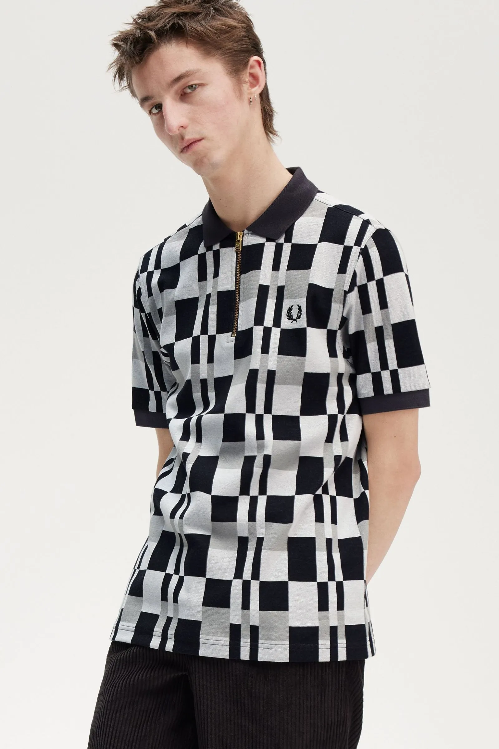 CHEQUERBOARD ZIP NECK POLO SHT