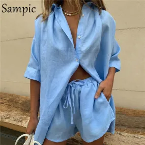 Joskaa Christmas Gift Sampic Summer Tracksuit Women 2024 Lounge Wear Shorts Set Short Sleeve Shirt Tops And Loose Mini Shorts Suit Two Piece Set