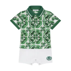 KIDS BABY PIQUE ONESIE WITH GREEN MAJOLICA PRINT AND DG LOGO GREEN