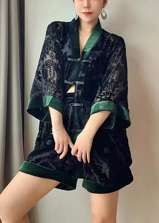 Loose Black Chinese Button Patchwork Tops And Shorts Velour Two Pieces Set Bracelet Sleeve LY8964