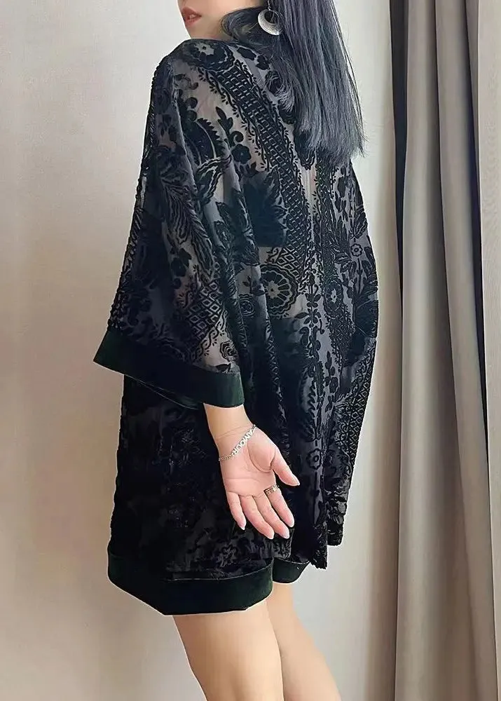 Loose Black Chinese Button Patchwork Tops And Shorts Velour Two Pieces Set Bracelet Sleeve LY8964