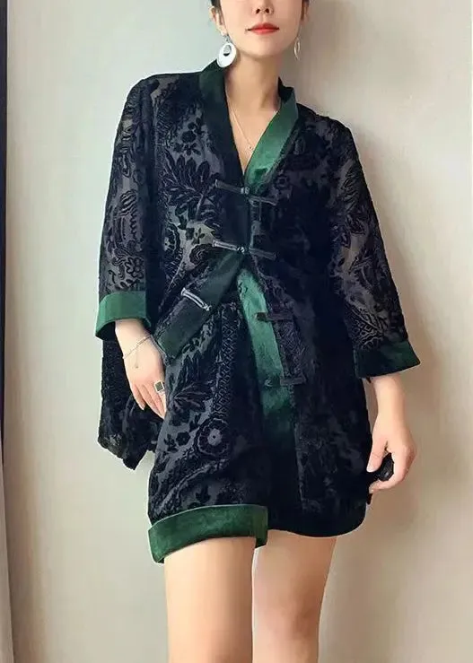 Loose Black Chinese Button Patchwork Tops And Shorts Velour Two Pieces Set Bracelet Sleeve LY8964