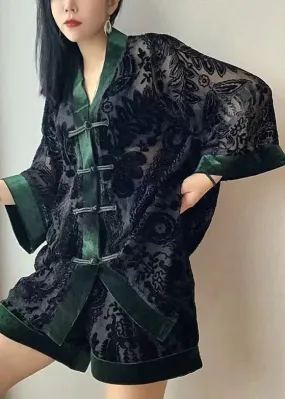 Loose Black Chinese Button Patchwork Tops And Shorts Velour Two Pieces Set Bracelet Sleeve LY8964