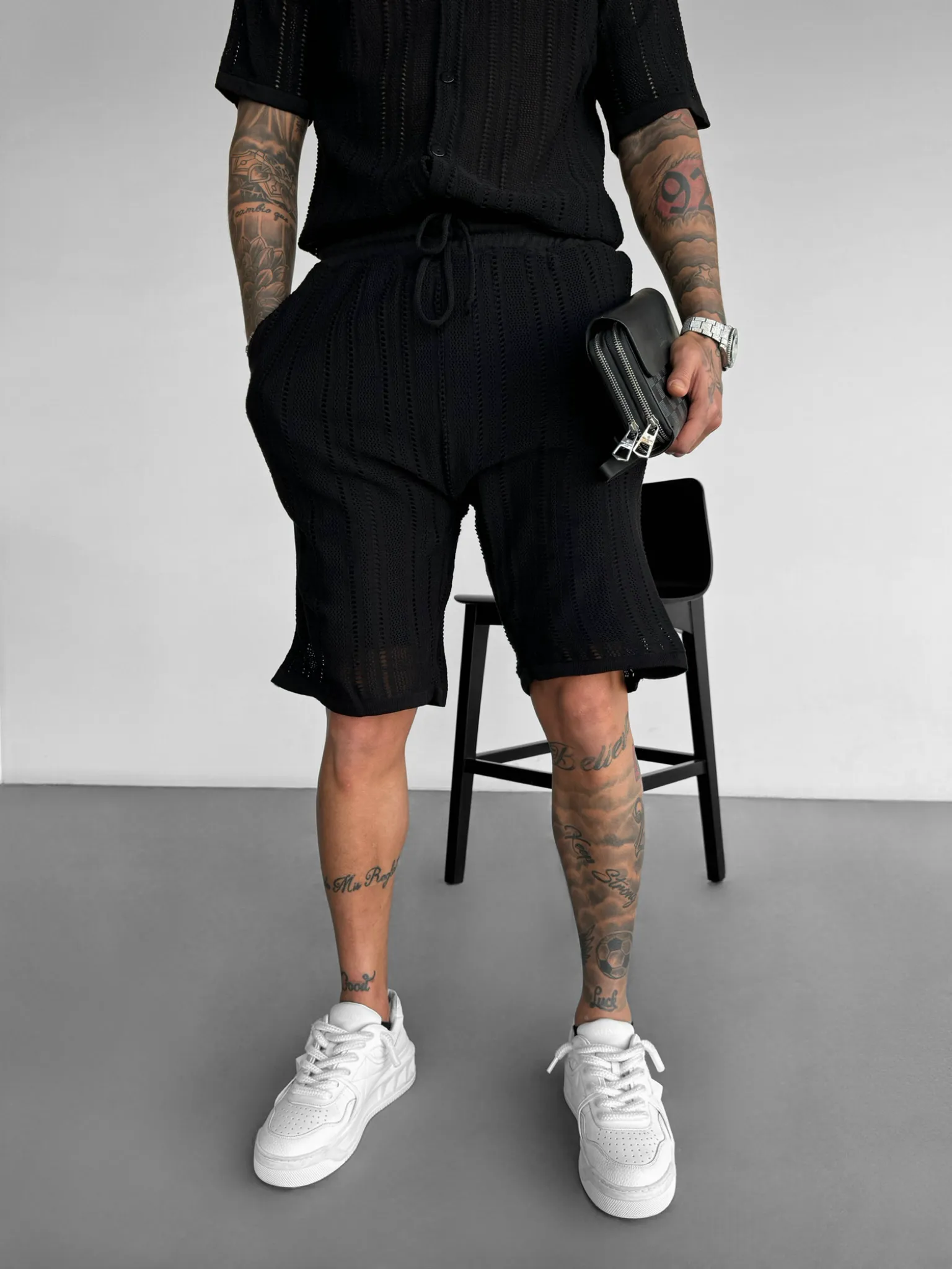 Loose Fit Structure Knit Shorts - Black
