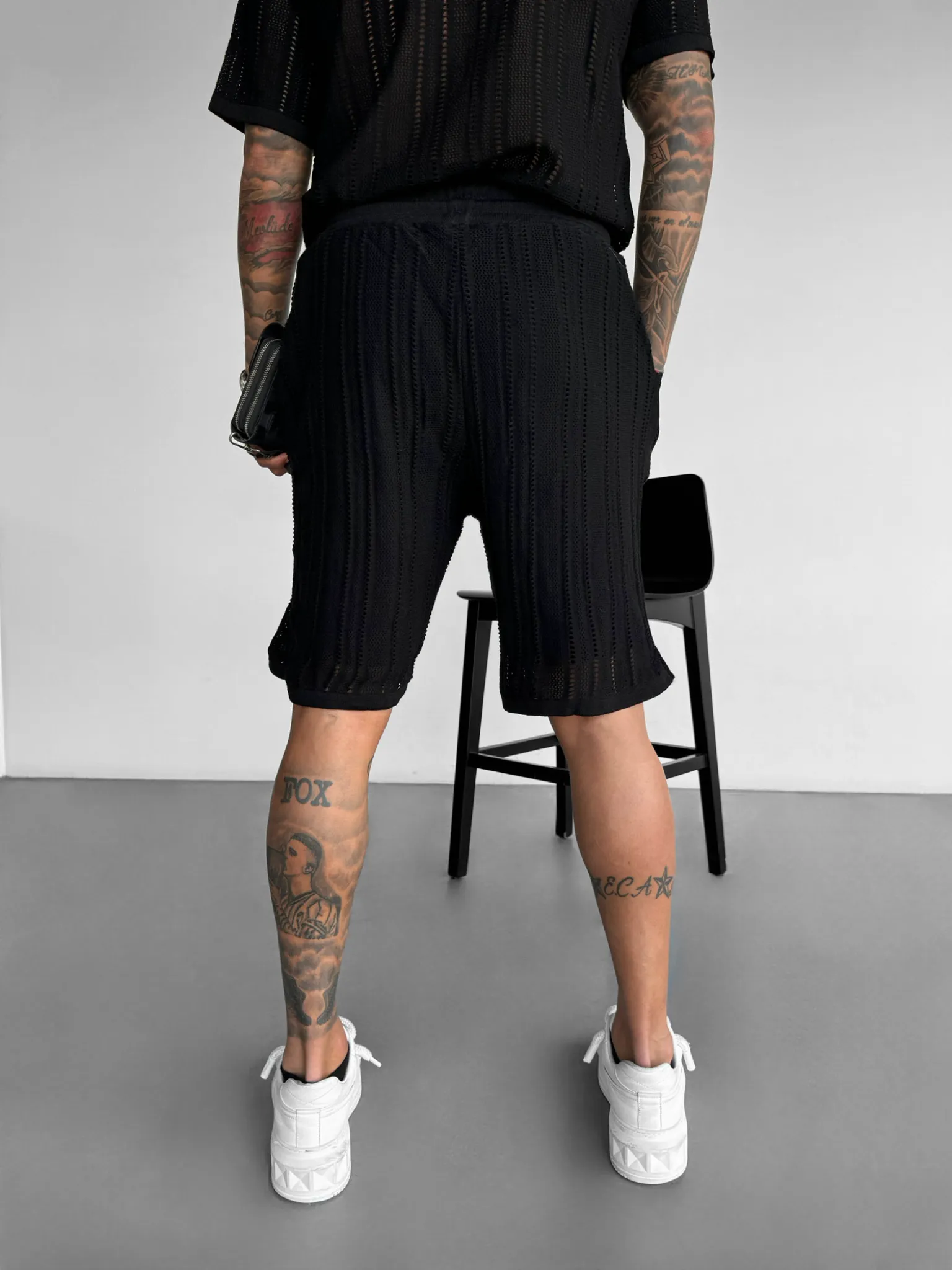 Loose Fit Structure Knit Shorts - Black