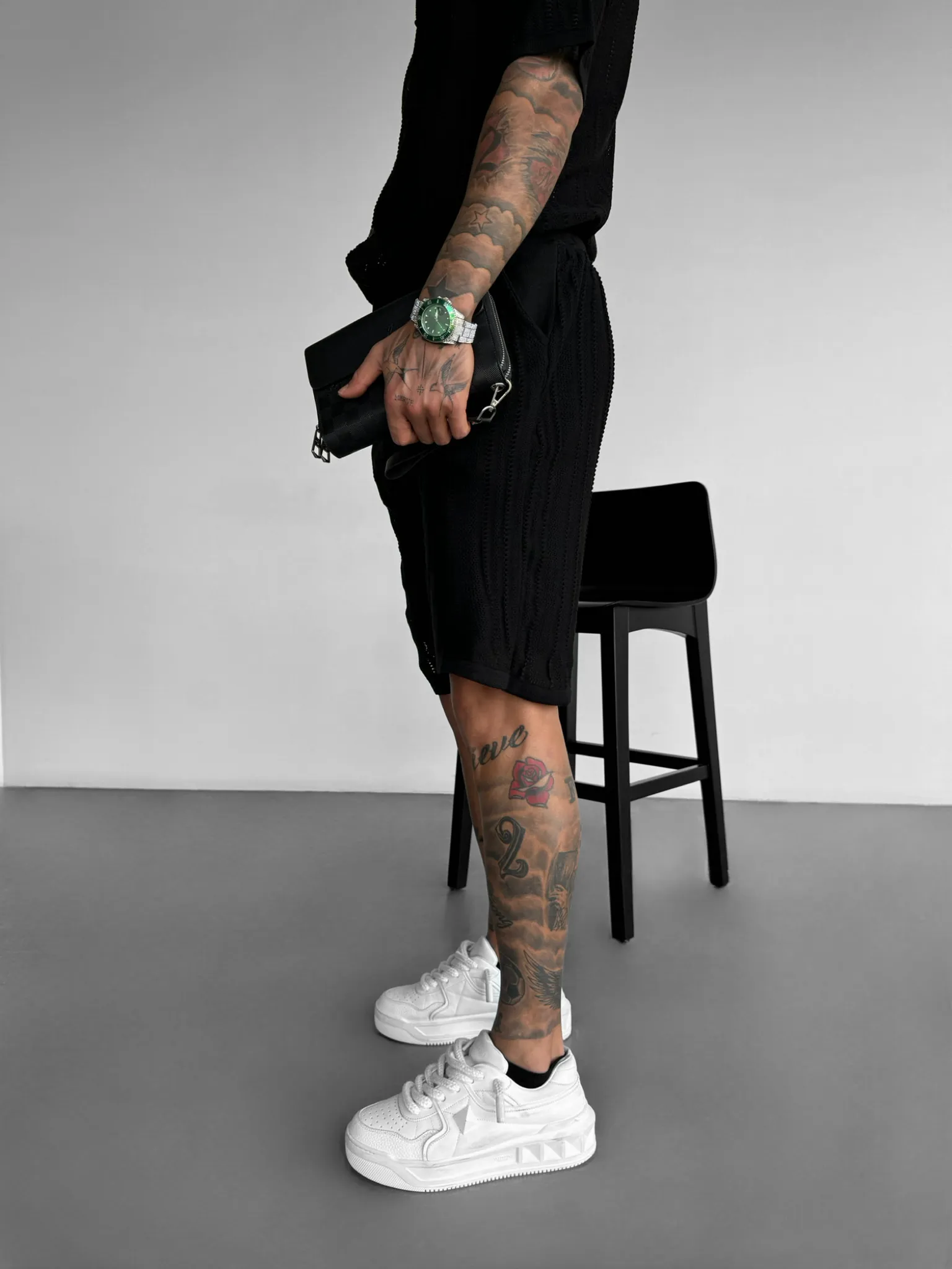 Loose Fit Structure Knit Shorts - Black