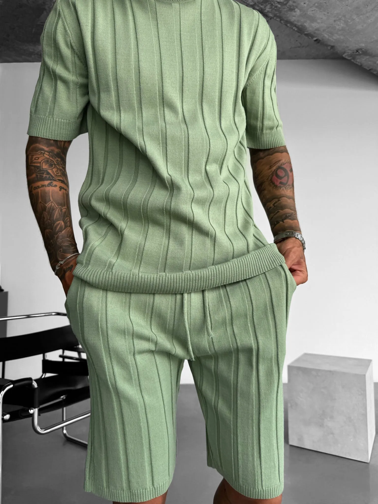 Loose Fit Wide Ribbed Shorts - Moss