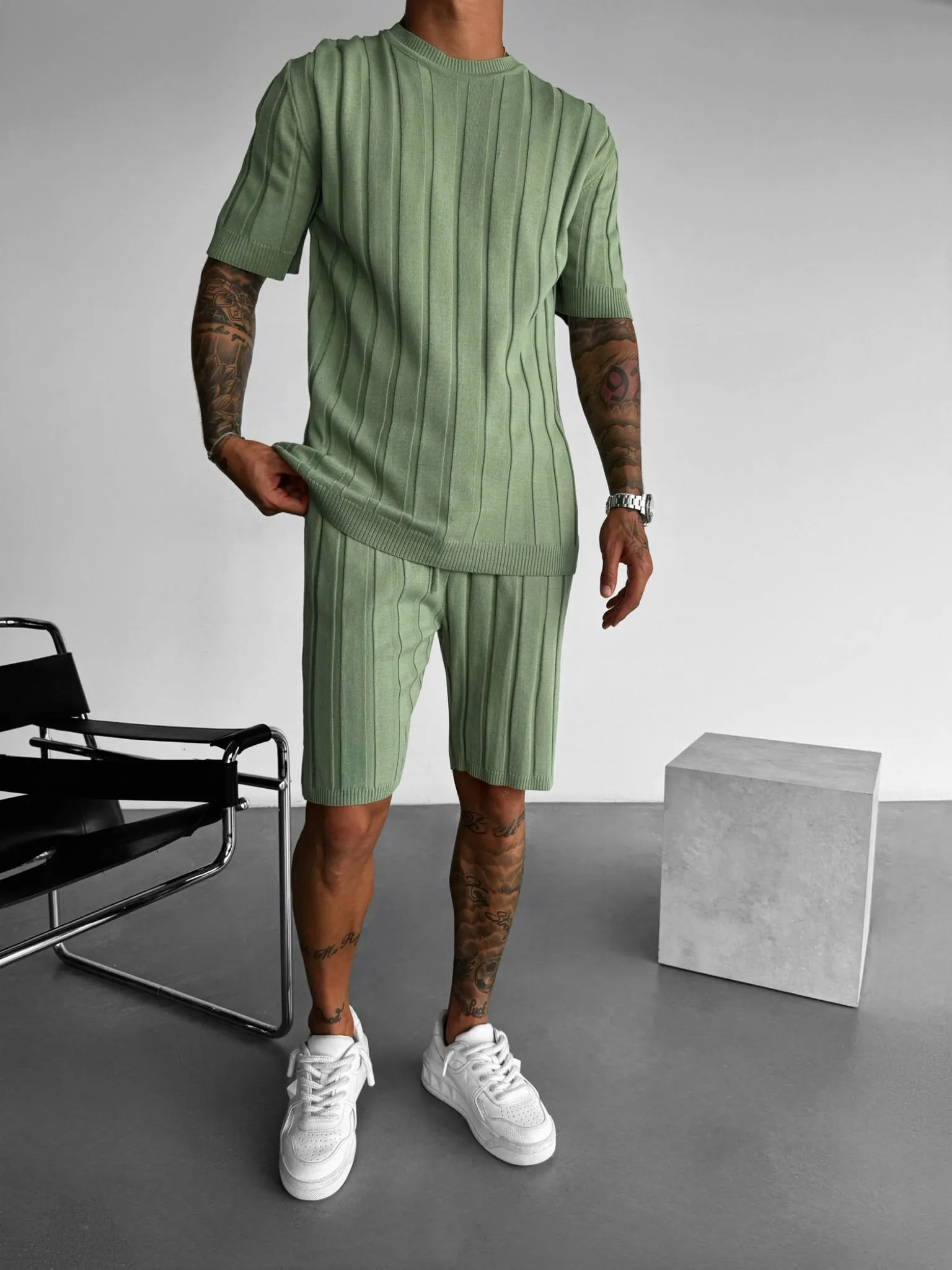 Loose Fit Wide Ribbed Shorts - Moss