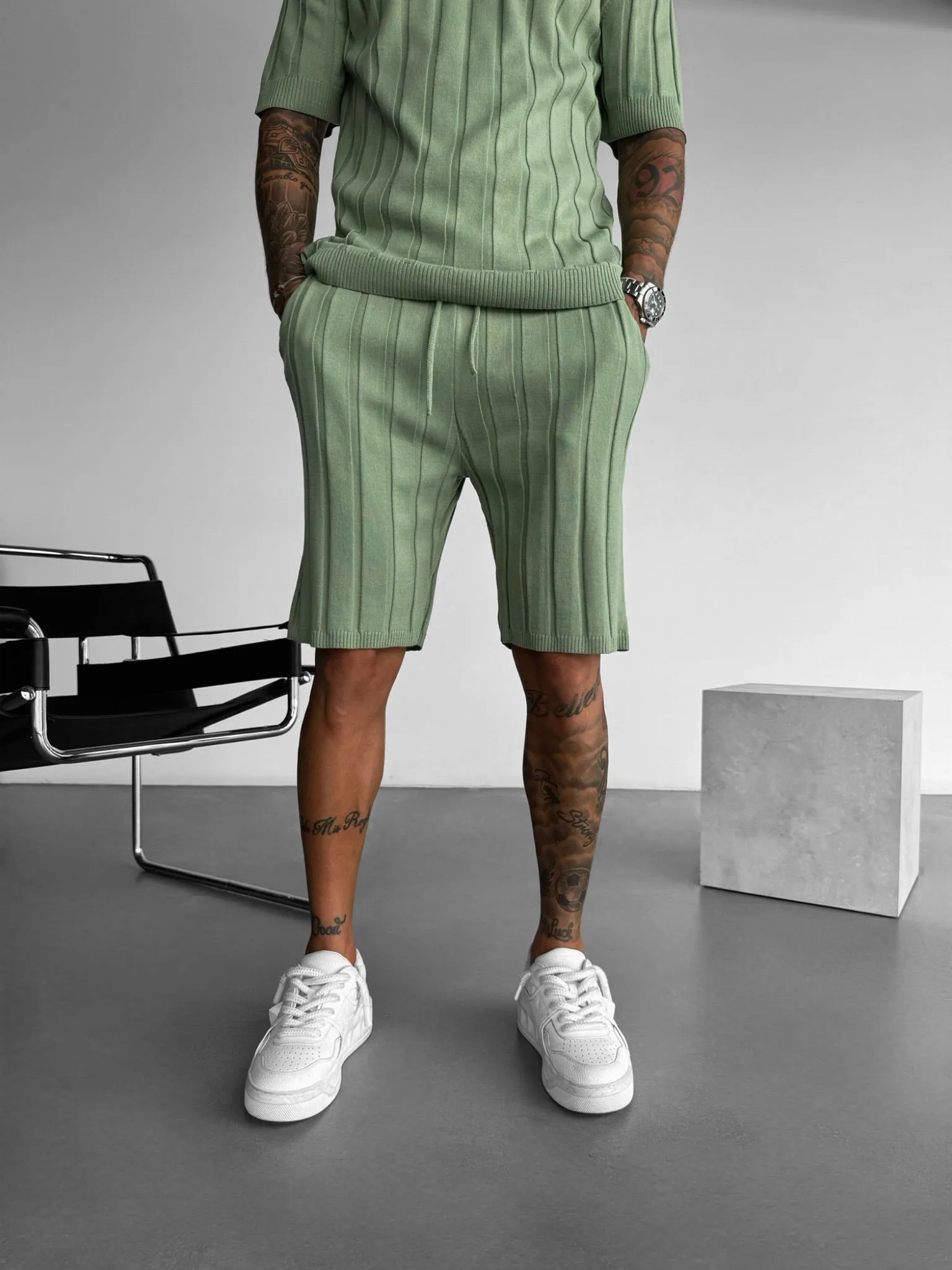 Loose Fit Wide Ribbed Shorts - Moss