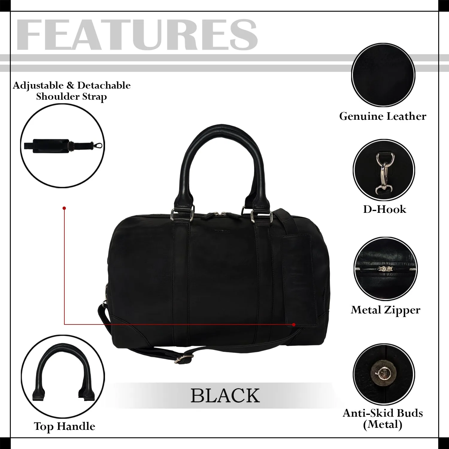 MANDAVA Genuine Leather Unisex Travel Duffel Bag, Shoulder Weekender Overnight Luggage Bag (Black)