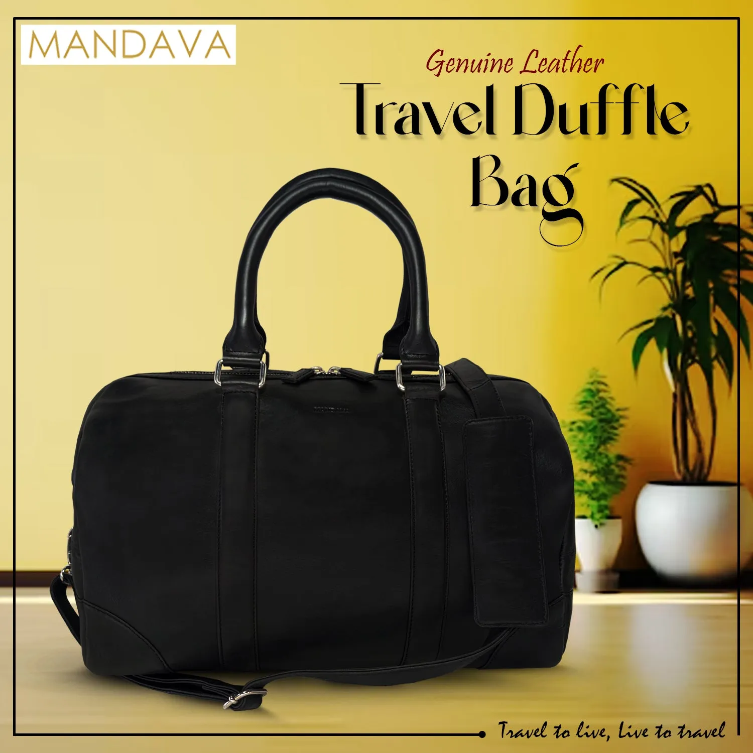 MANDAVA Genuine Leather Unisex Travel Duffel Bag, Shoulder Weekender Overnight Luggage Bag (Black)