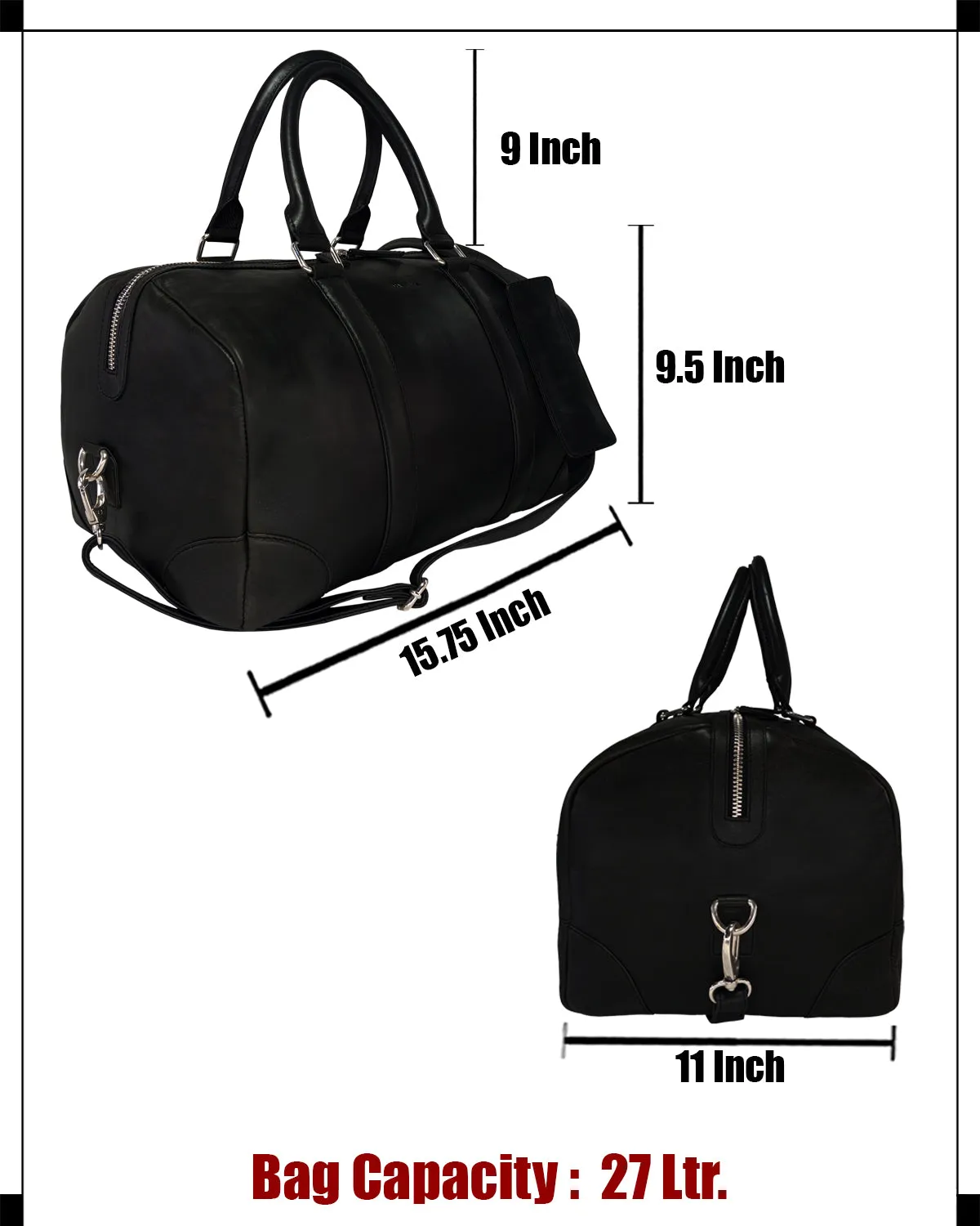MANDAVA Genuine Leather Unisex Travel Duffel Bag, Shoulder Weekender Overnight Luggage Bag (Black)