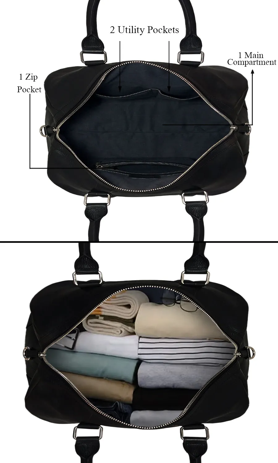 MANDAVA Genuine Leather Unisex Travel Duffel Bag, Shoulder Weekender Overnight Luggage Bag (Black)
