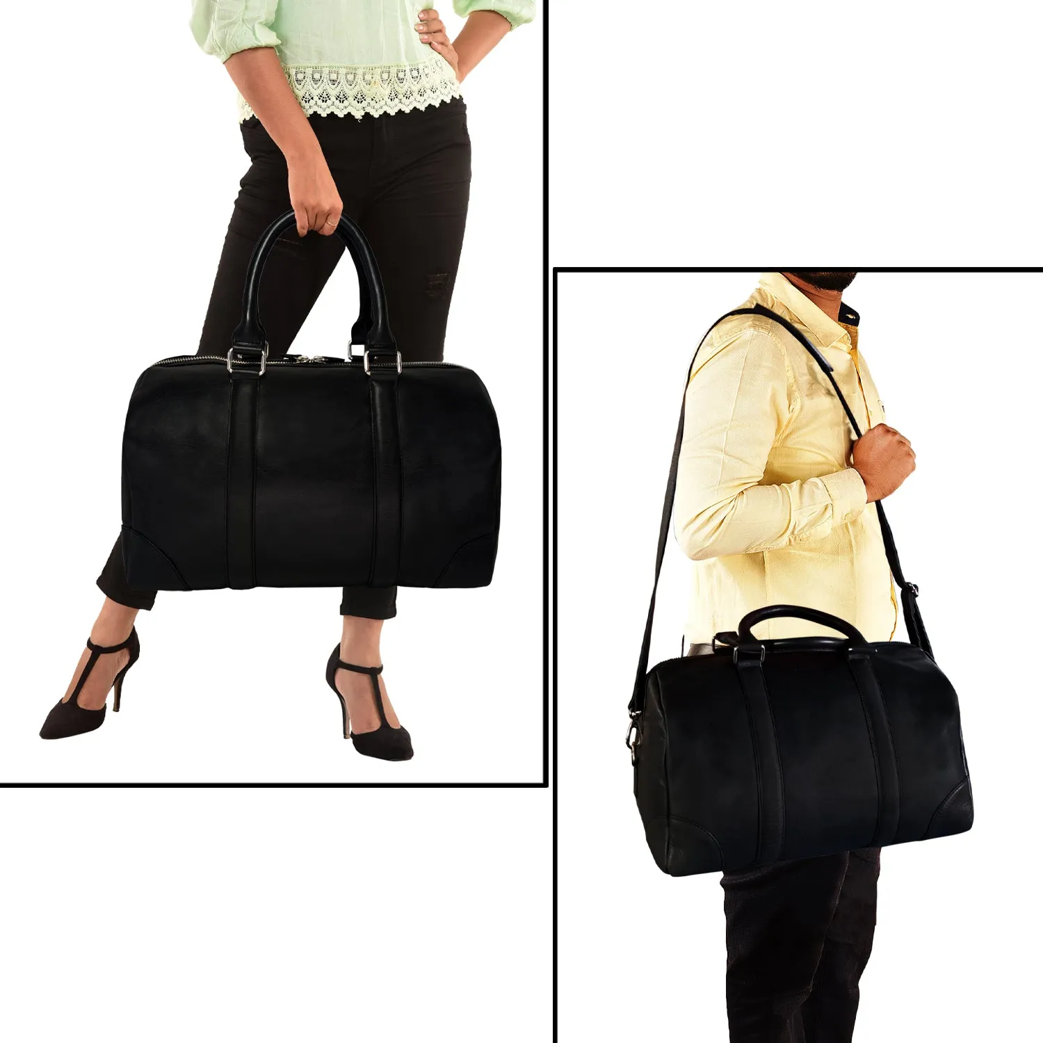 MANDAVA Genuine Leather Unisex Travel Duffel Bag, Shoulder Weekender Overnight Luggage Bag (Black)
