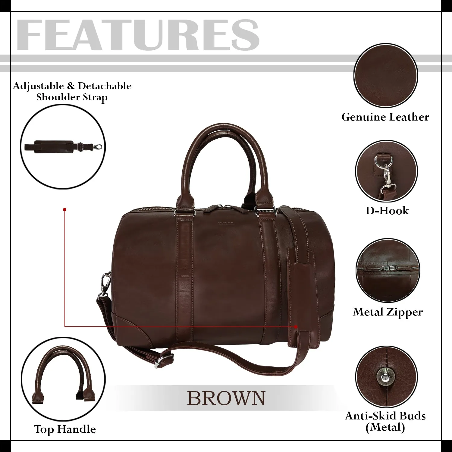 MANDAVA Genuine Leather Unisex Travel Duffel Bag, Shoulder Weekender Overnight Luggage Bag (Brown)