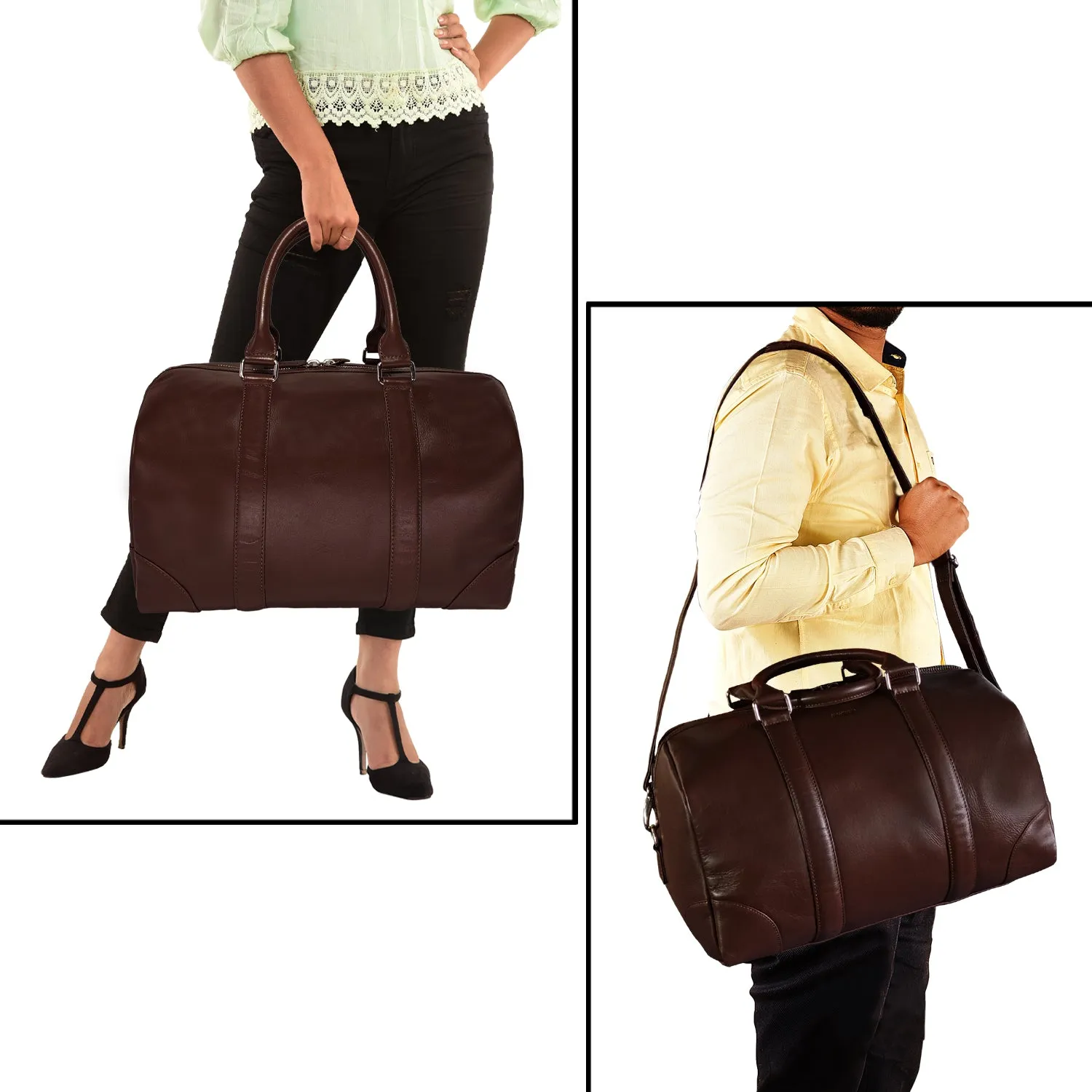 MANDAVA Genuine Leather Unisex Travel Duffel Bag, Shoulder Weekender Overnight Luggage Bag (Brown)