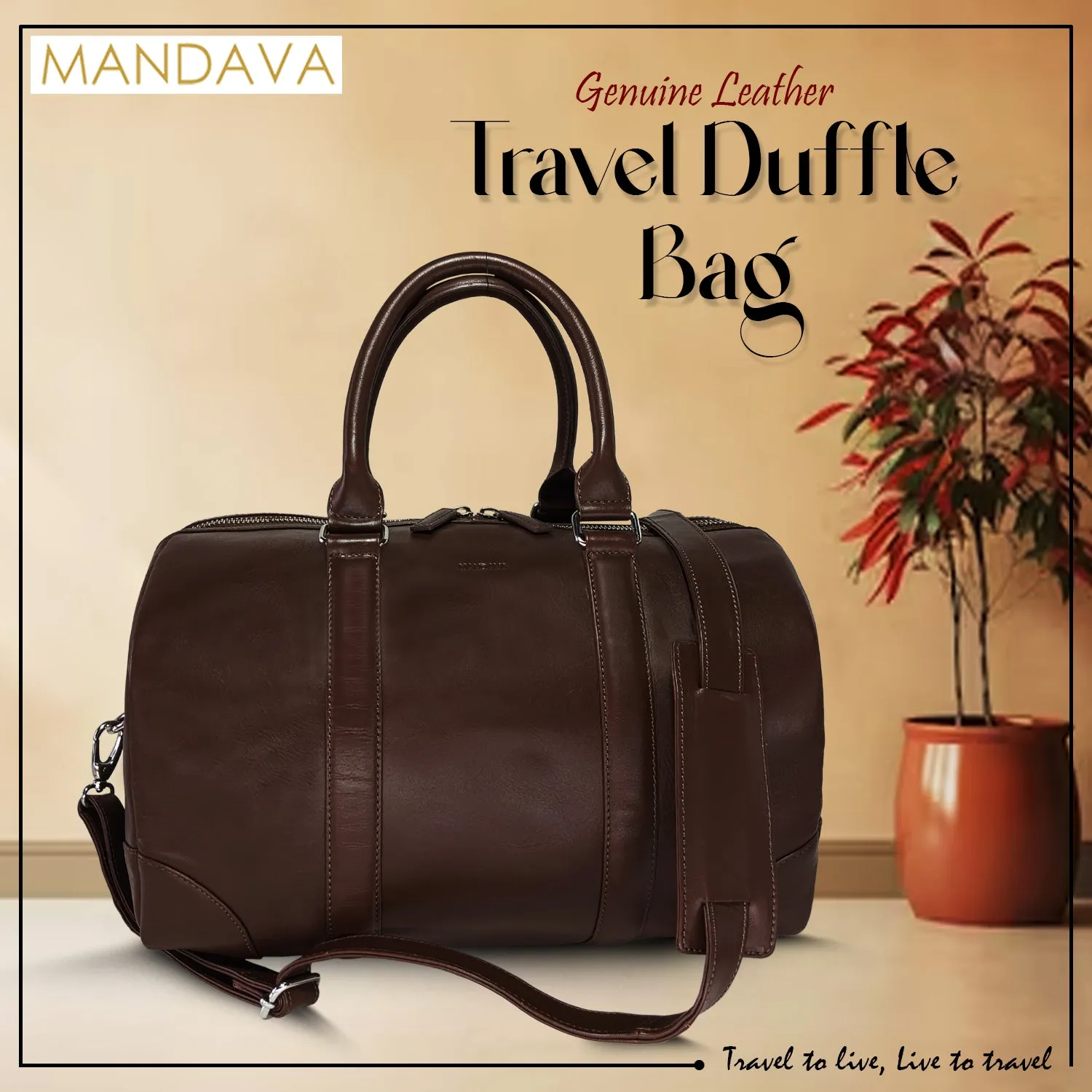 MANDAVA Genuine Leather Unisex Travel Duffel Bag, Shoulder Weekender Overnight Luggage Bag (Brown)
