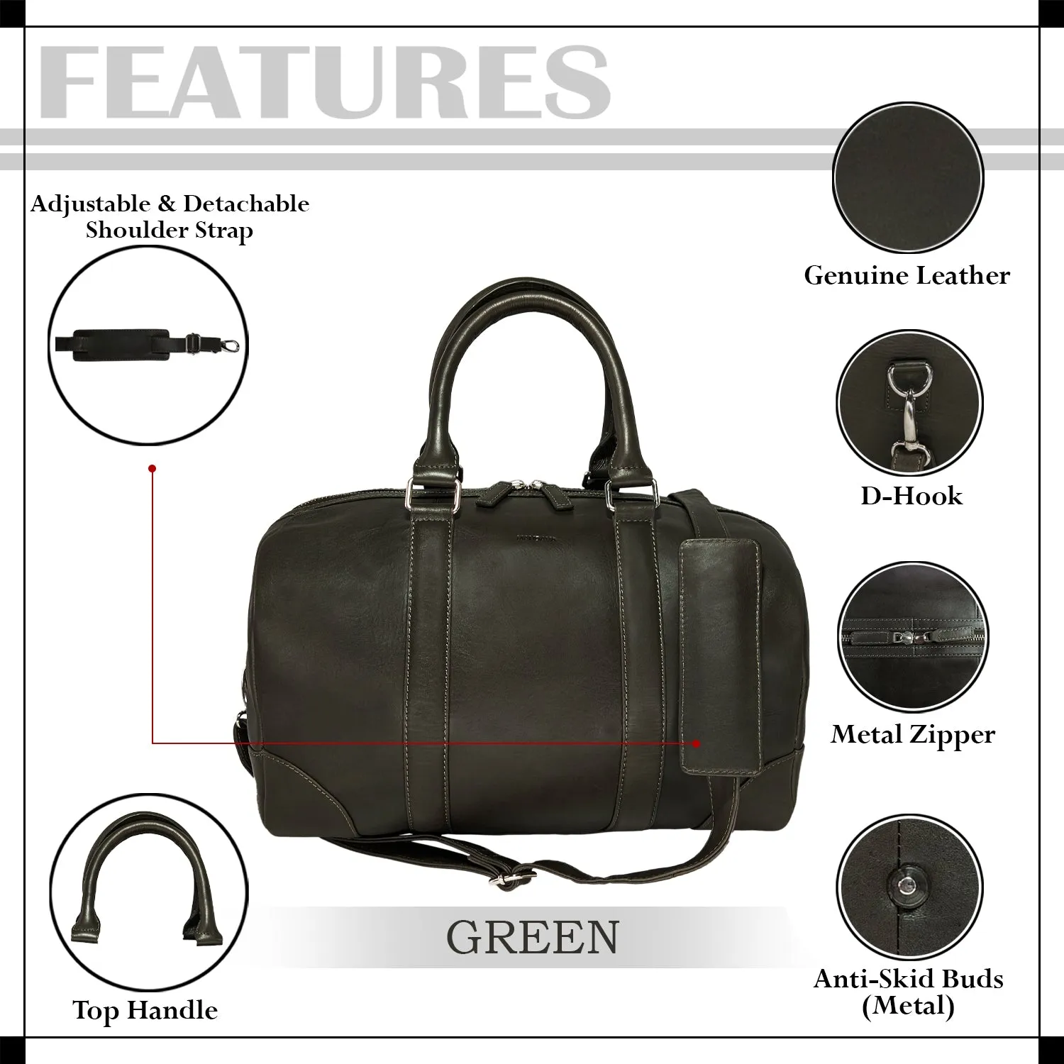 MANDAVA Genuine Leather Unisex Travel Duffel Bag, Shoulder Weekender Overnight Luggage Bag (Green)