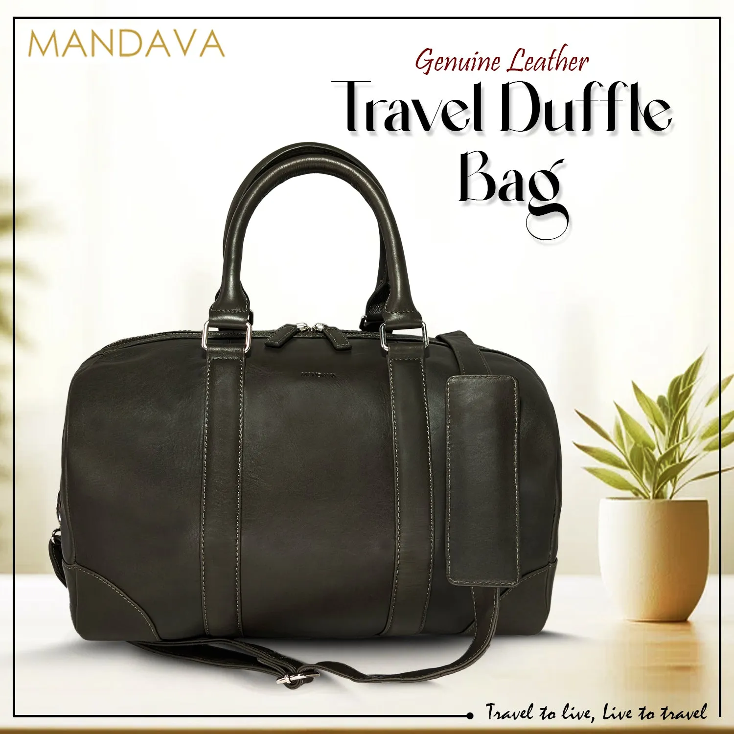 MANDAVA Genuine Leather Unisex Travel Duffel Bag, Shoulder Weekender Overnight Luggage Bag (Green)