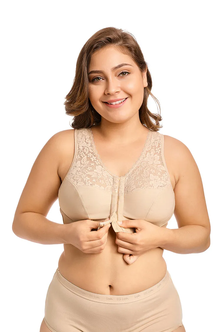 Plus size front closure full cup wireless racerback non-padded lace bras (Size 34C - 48E)