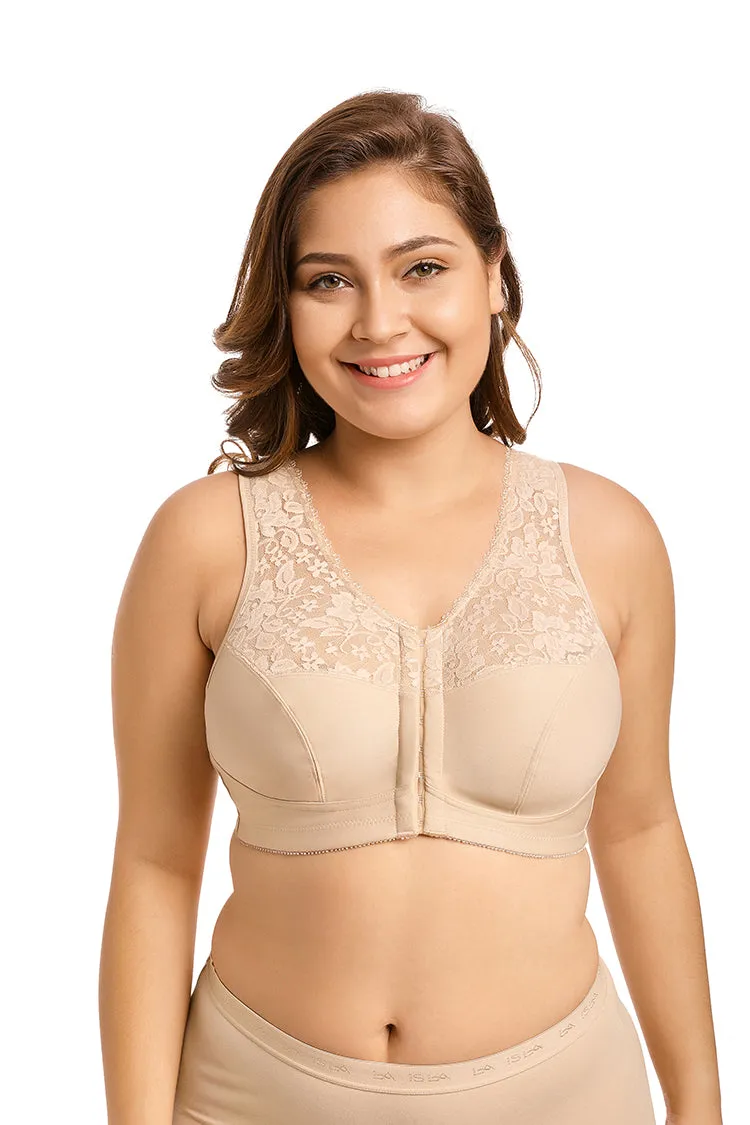 Plus size front closure full cup wireless racerback non-padded lace bras (Size 34C - 48E)