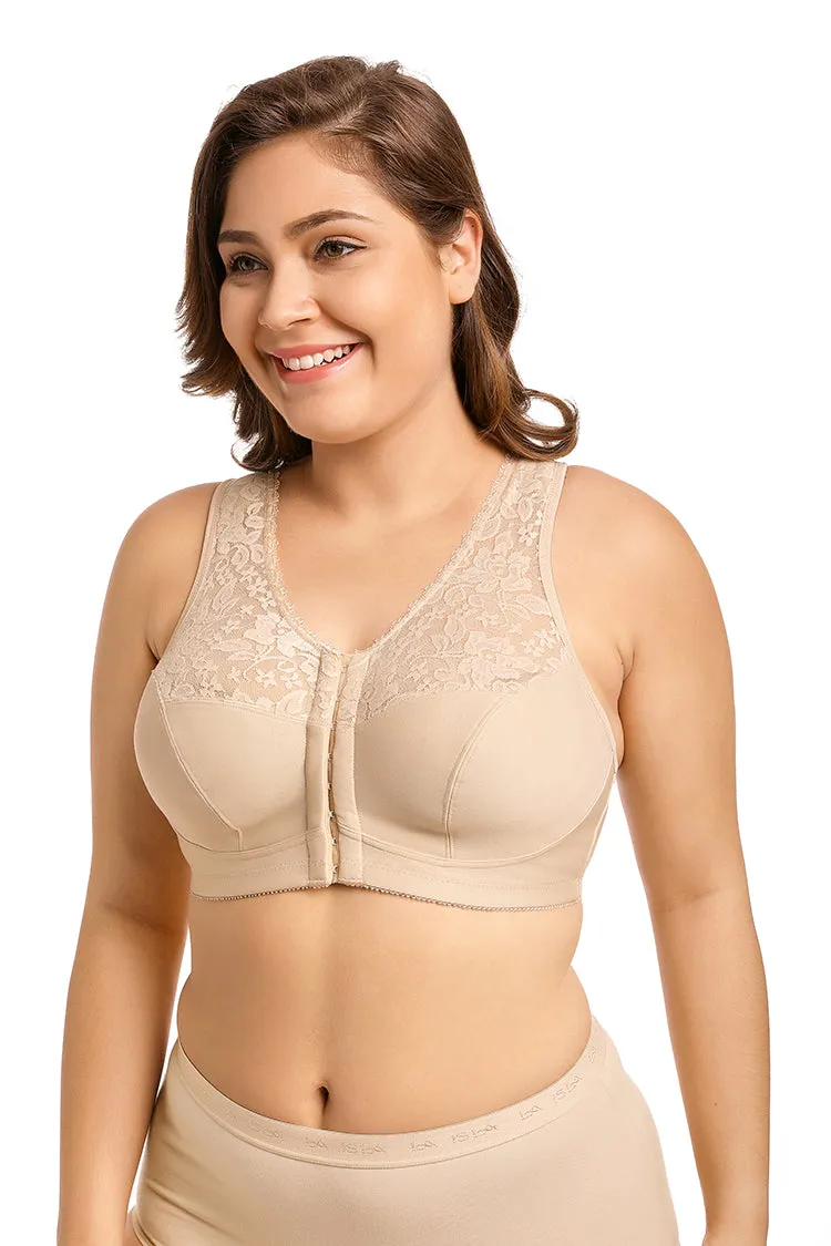Plus size front closure full cup wireless racerback non-padded lace bras (Size 34C - 48E)