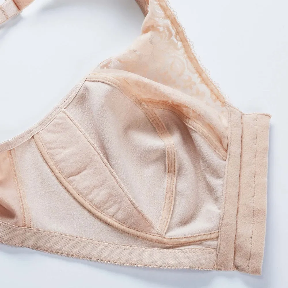 Plus size front closure full cup wireless racerback non-padded lace bras (Size 34C - 48E)