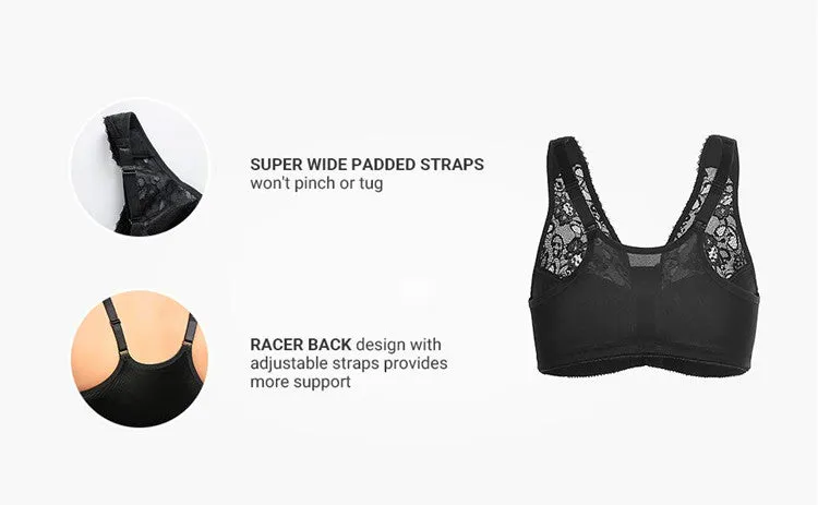 Plus size front closure full cup wireless racerback non-padded lace bras (Size 34C - 48E)