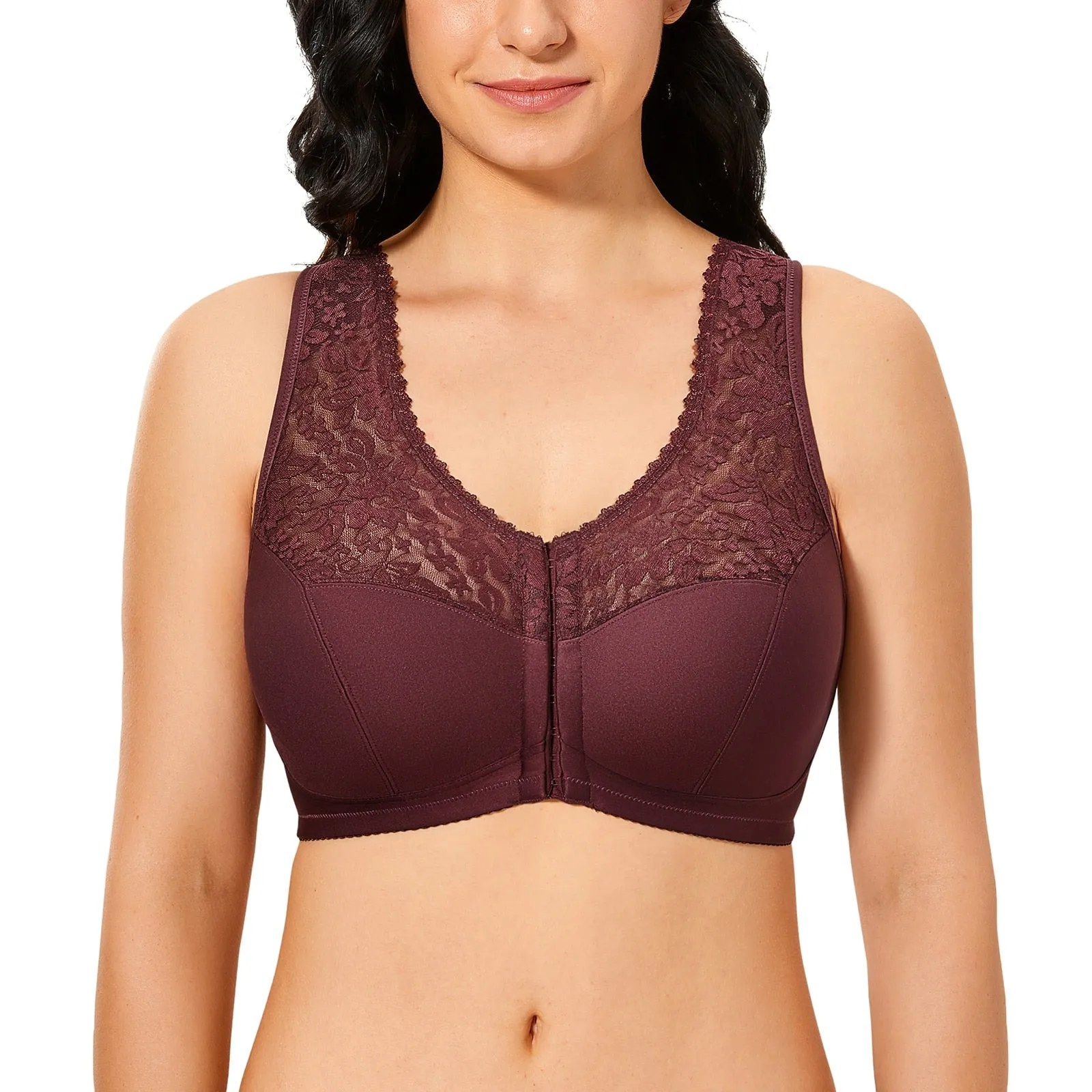 Plus size front closure full cup wireless racerback non-padded lace bras (Size 34C - 48E)