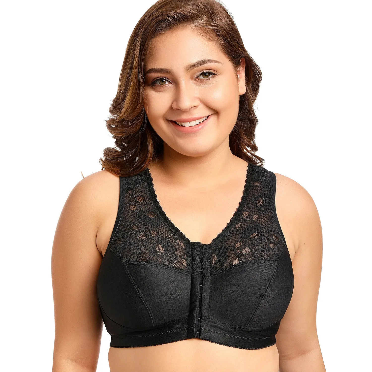 Plus size front closure full cup wireless racerback non-padded lace bras (Size 34C - 48E)