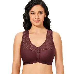 Plus size front closure full cup wireless racerback non-padded lace bras (Size 34C - 48E)
