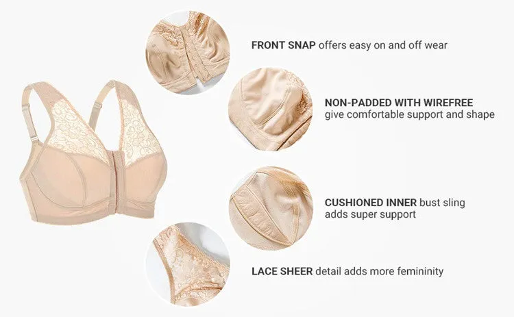 Plus size front closure full cup wireless racerback non-padded lace bras (Size 34C - 48E)