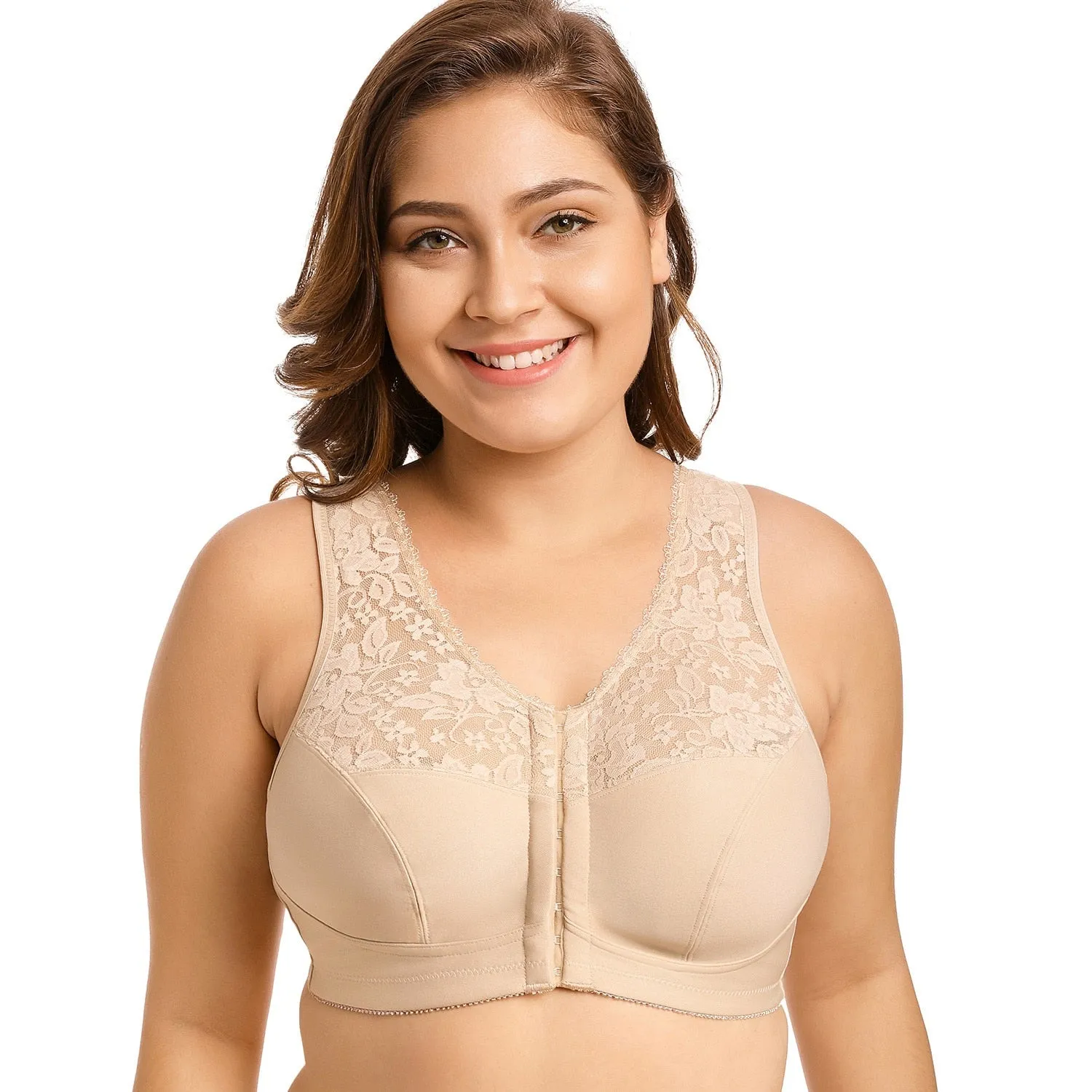 Plus size front closure full cup wireless racerback non-padded lace bras (Size 34C - 48E)
