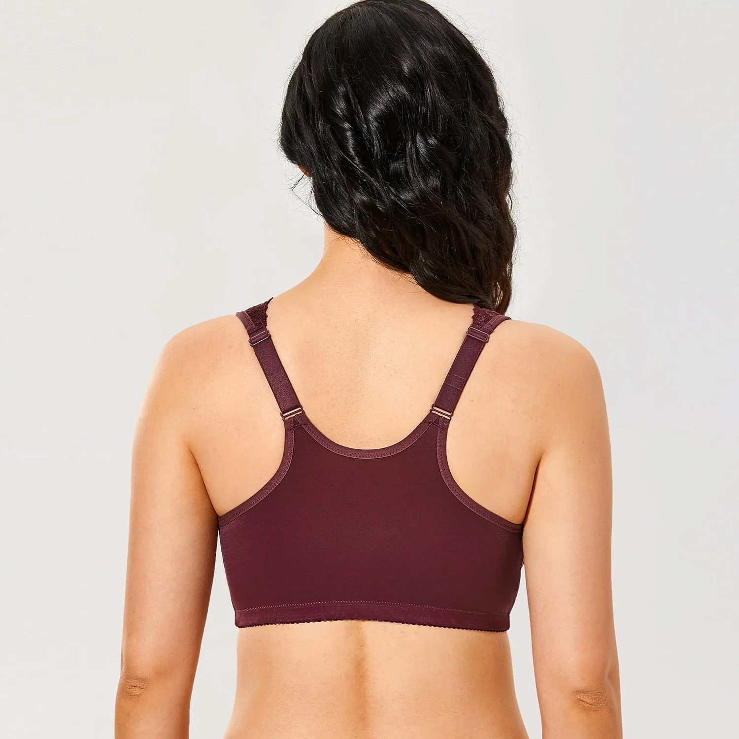 Plus size front closure full cup wireless racerback non-padded lace bras (Size 34C - 48E)