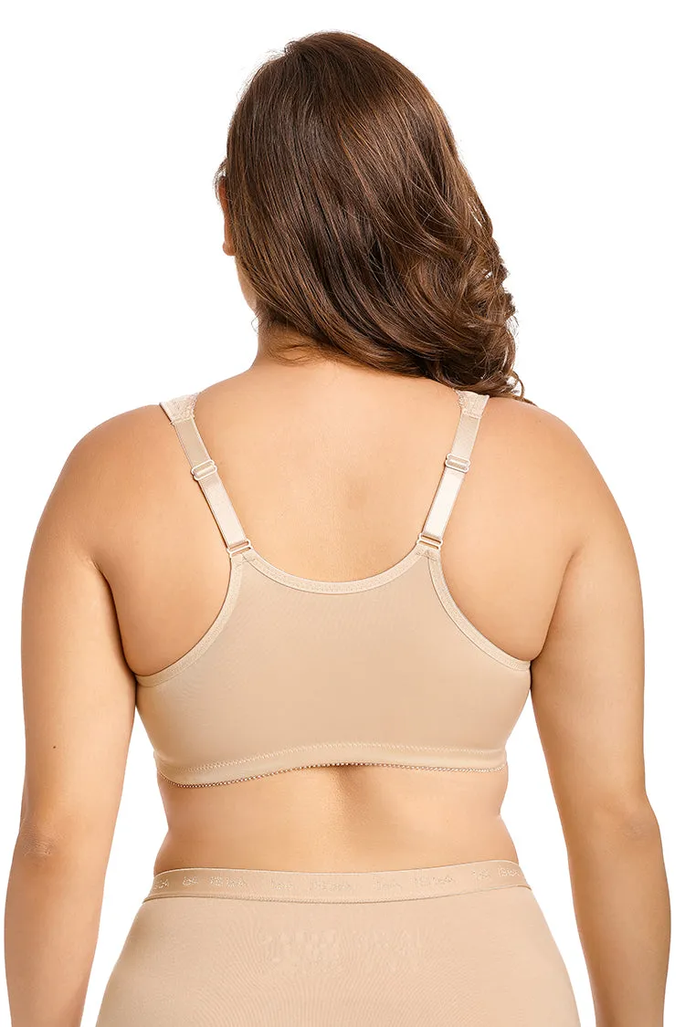 Plus size front closure full cup wireless racerback non-padded lace bras (Size 34C - 48E)