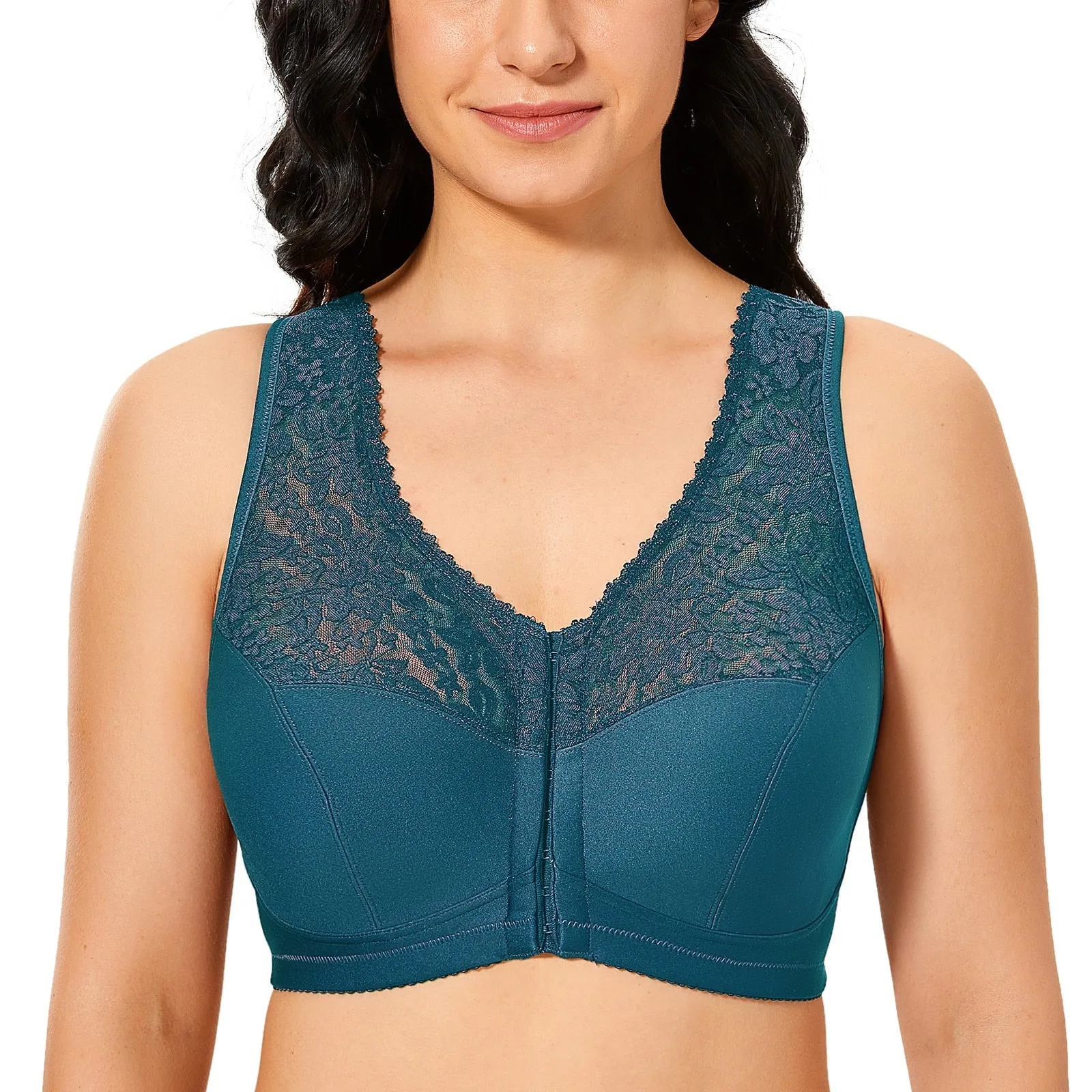 Plus size front closure full cup wireless racerback non-padded lace bras (Size 34C - 48E)
