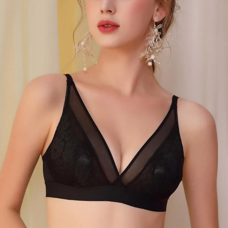 Sexy Wireless Bras for Women Ultra Thin Lace Bralette Deep V Plunge Bra
