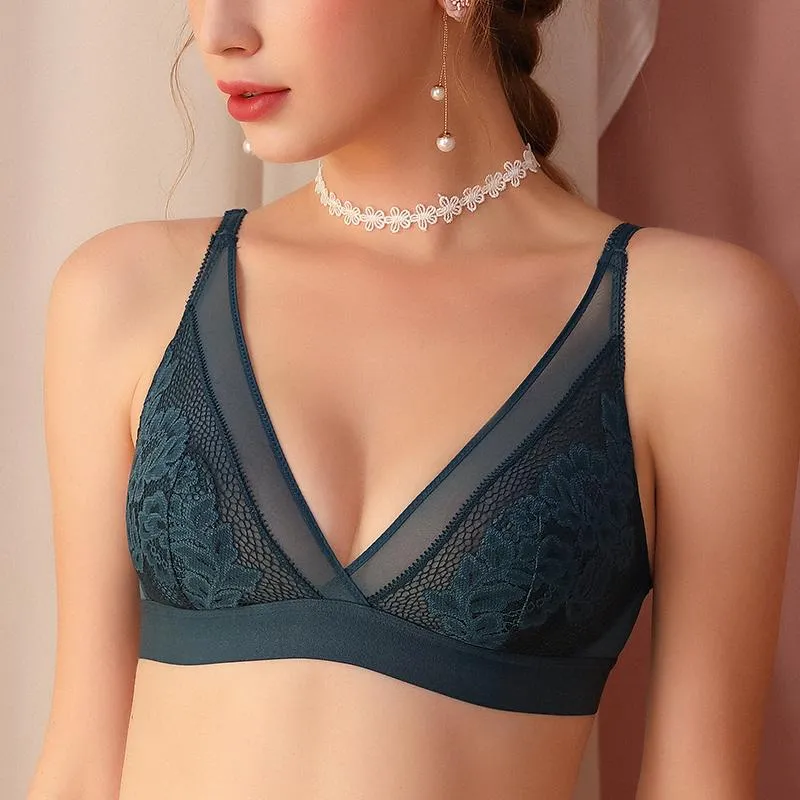 Sexy Wireless Bras for Women Ultra Thin Lace Bralette Deep V Plunge Bra