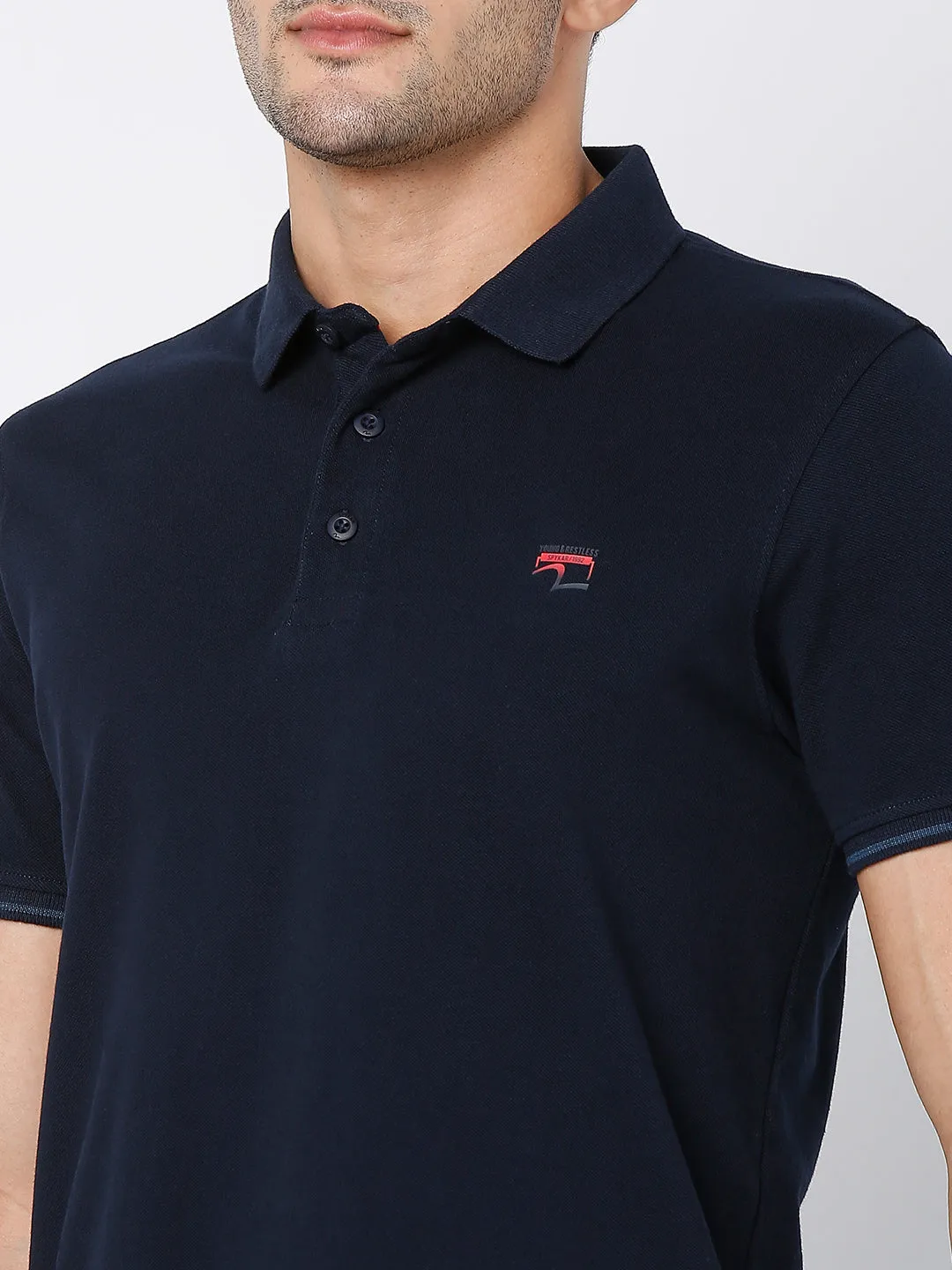 Spykar Men Navy Blue Cotton Half Sleeve Plain Casual Polo Tshirt
