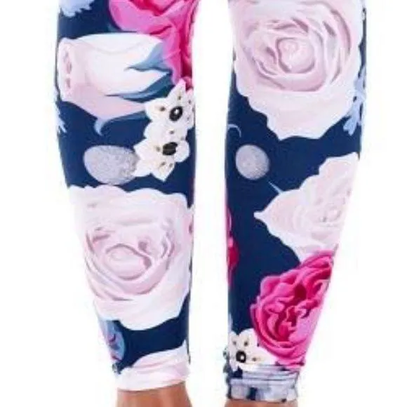 Wholesale 2 Pack: Callie Navy Rose: Pink Blooming Garden 3D Illusion Graphic Leggings
