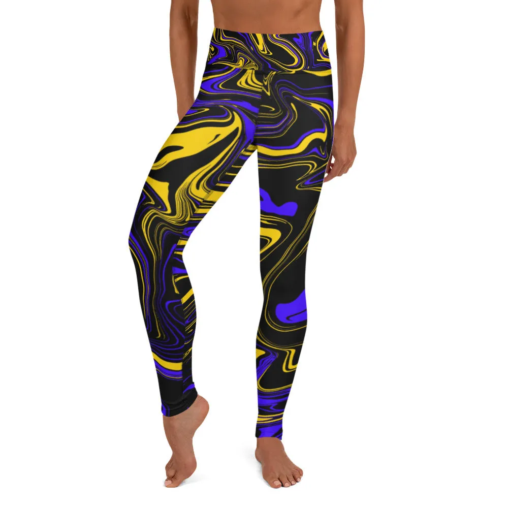 Yellow Blue and Black Oil Spill High-Waisted Yoga Leggings